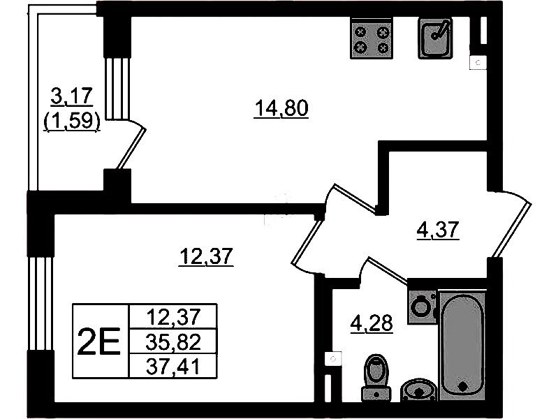1-комнатная квартира 37.41 м², 2/4 эт., ЖК «Новая история»